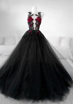 Beautiful Black Tulle With Lace Applique Long Formal Gown, Black Party Dresses on Luulla Red And Black Wedding Dress The Bride Gowns, Gothic Wedding Bridesmaid Dresses, Wedding Dresses Black And Red, Black And Red Wedding Dresses The Bride, Black And Pink Wedding Dress, Stylized Outfits, Edgy Wedding Dresses, Red Masquerade Dress, Black Red White Wedding