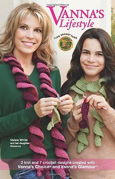 two women standing next to each other holding crocheted scarves in front of a magazine cover