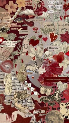 altered collage with hearts, flowers and words