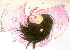 a drawing of a woman laying on top of a pink pillow with her hair blowing in the wind