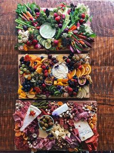 two wooden trays filled with different types of food