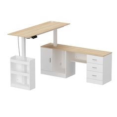 an office desk with two drawers and a shelf