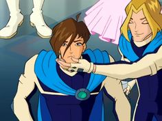 an animated image of two people dressed in blue and white outfits, one pointing at the other