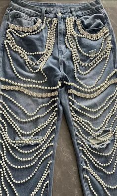 Rhinestone Chain Pearl Denim Jeans – Bosom Blouse Denim Trousers Women, Denim Diy Clothes, Lady Sings The Blues, Jeans Female, Flare Sleeve Sweater, Criss Cross Dress, Street Jeans, Lantern Sleeved Blouses, Flared Sleeves Top