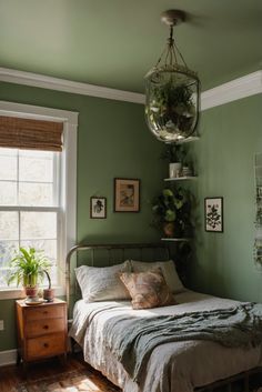 a bed sitting in a bedroom next to a window with plants on top of it