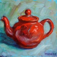 a painting of a red teapot on a blue background