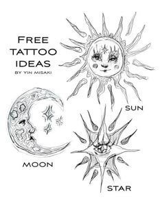 three sun and moon tattoo designs with the words, free tattoo ideas by yin mikaki