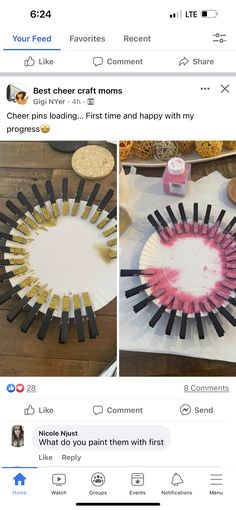 two screenshots of different items on a table, one with pink and yellow paint