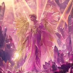 an angel standing in the middle of a purple and gold landscape with crystals around it