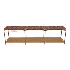 an iron and leather bench with two benches underneath it on a carpeted shelf against a white background