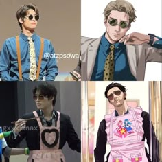 four pictures of men with different outfits and ties, one is wearing sunglasses the other has an apron