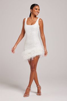 White Dress Casual Outfit, Katie White, Nadine Merabi, White Dress Outfit, Stretch Mesh Fabric, Casual White Dress, David Koma, Alexandre Vauthier, White Feather