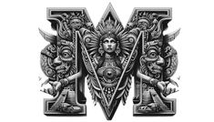 the letter m is made up of intricately detailed art nouveau designs, including an image of