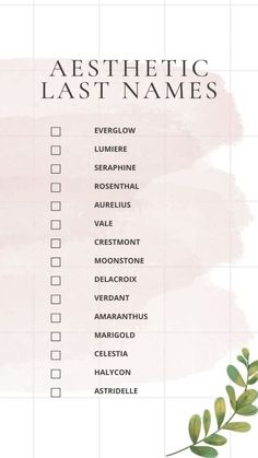 a pink and white checklist with the words aesthetic last names