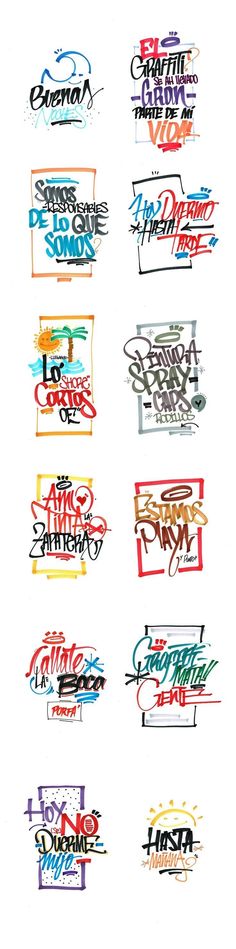 several different types of graffiti written in various colors and sizes, all on white paper