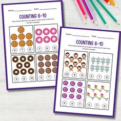 two printable worksheets for counting to 10 with colored pencils next to them