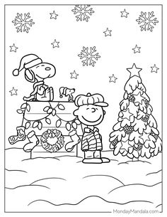 snoop and charlie christmas tree coloring page with peanuts in the snow, stars and trees