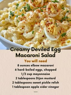 an egg macaroni salad is shown in a bowl with the recipe below it