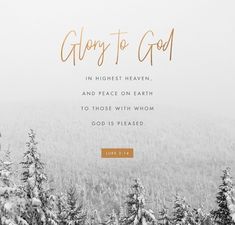 the words glory to god are shown in gold on a white background with snow covered trees