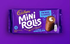 caddy's mini rolls chocolate candy bar on purple background