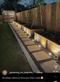 a garden at night with some lights on the ground and steps leading up to it