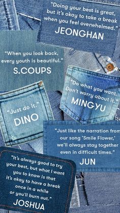 several different types of jeans with words on them