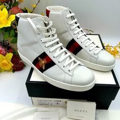 Men’s Gucci Ace Bee High Top Leather Sneakers Size 12. White. Comes With Original Box And Dust Covers And Of Authenticity Cards. Absolutely Brand New Never Worn Originally Over $950. Luxury Custom Sneakers With Red Sole For Streetwear, Luxury Custom Sneakers For Men With Suede Lining, Luxury Gucci High-top Sneakers With Branded Heel Counter, Gucci High Top Sneakers Men, Gucci Air Force 1 Custom, Gucci High Top, Gucci Shoes, Dust Cover, Mens Shoes Sneakers