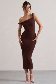 Salome | Chocolate Brown Twisted Asymmetric Midi Dress Camp Dinner, Brunch Vibes, Chocolate Brown Dress, Rave Festival Outfits, Midi Bridesmaid Dress, Sleek Updo, Club L London, Style Lookbook, Fall Wedding Guest