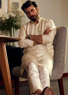 Sadaf Fawad Khan, Raw Silk Kurta, Men Dresses, Fawad Khan, Slim Fit Suit Men, Pearl Work