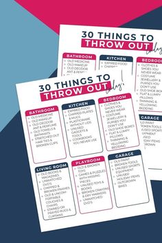 the 30 things to throw out poster is shown in three different colors and sizes, including red