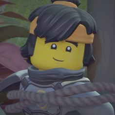 the lego movie character is holding a rope in front of some plants and trees,