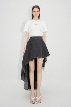 Contrast Mesh Ruffle Denim Skirt – MISS SIXTY Ruffle Denim Skirt, Denim Retro, Asymmetric Skirt, Miss Sixty, Japanese Denim, Asymmetrical Skirt, Retro Style, Cotton Material, Pure Cotton