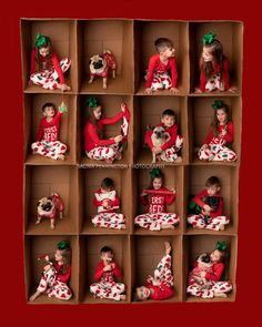 a group of children dressed up in christmas pajamas and matching outfits, sitting in cardboard boxes