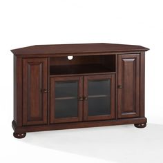 a wooden entertainment center with glass doors on the front and bottom shelves, in dark wood