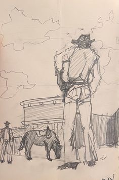 a drawing of a man standing next to a horse