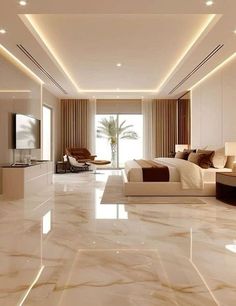 an elegant bedroom with marble floors and white walls