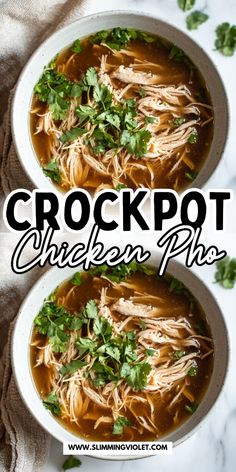 two bowls of crockpot chicken pho soup with cilantro and parsley