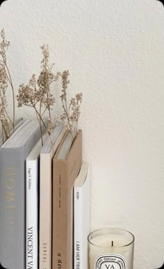 a candle and some books on a shelf