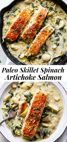 two pictures of salmon and artichoke sauce in a skillet