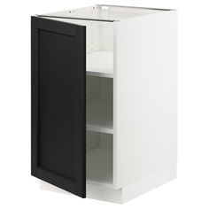 a white and black cabinet with two shelves on each side, one door open to the other