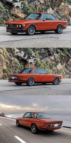 two pictures of an orange car driving down the road next to another photo of it's front end