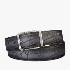 Luxury Black Belt With Silver-tone Logo, Luxury Black Belt With Silver-tone Logo Plaque, Elegant Black Belt With Silver-tone Logo, Designer Formal Belts With Engraved Logo, Designer Belts With Engraved Logo For Formal Occasions, Modern Leather Belt With Engraved Logo, Silver Leather Belt Buckle With Logo Plaque, Designer Leather Belts With Engraved Logo, Silver Leather Belt With Logo Plaque