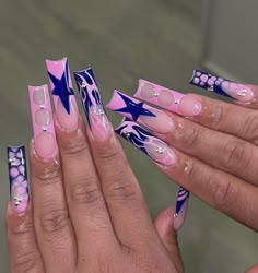 Nail Art Designs Baddie, Pink N Blue Nails, Crazy Pink Nails, Mixed Nail Designs, Long Baddie Nails, Exotic Nails Acrylic, Blue And Pink Nails, Long Square Nails