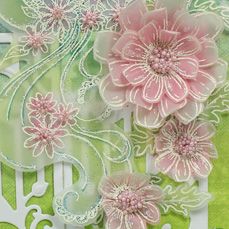 some pink flowers on a green and white background