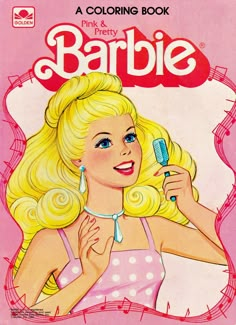 the cover to barbie's pink and white hair coloring book, featuring a blonde woman with