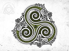 an ornamental design with swirls and leaves on a white background, in the style of celtic art