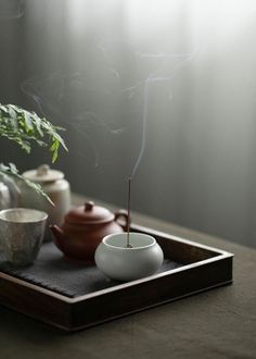 a tray with tea cups and incense sticks on it next to a potted plant