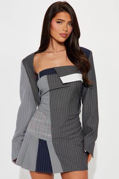 Available In Grey/combo. Pinstripe Mini Dress Set Includes jacket Straight neckline Strapless Belt loops Fold over detail Pleated Back zipper Length = 30" Self: 63% Polyester 33% Rayon 4% Spandex Lining: 100% Polyester Imported | Pinstripe Blazer Mini Dress Set in Grey size XL by Fashion Nova Blazer Mini Dress, Pinstripe Blazer, Straight Neckline, Striped Mini Dress, Dress Set, Fold Over, Striped Dress, Set Dress, Grey And White