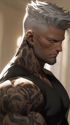 a man with tattoos and piercings on his chest is looking at something in the distance