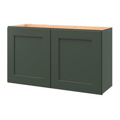 a green cabinet with two doors on the front and one door open to reveal an area for